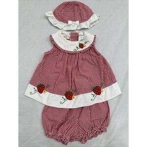 Vintage , Little Bitty Girls 6/9 Mo 3pc Set Romper Strawberry With Checked Print